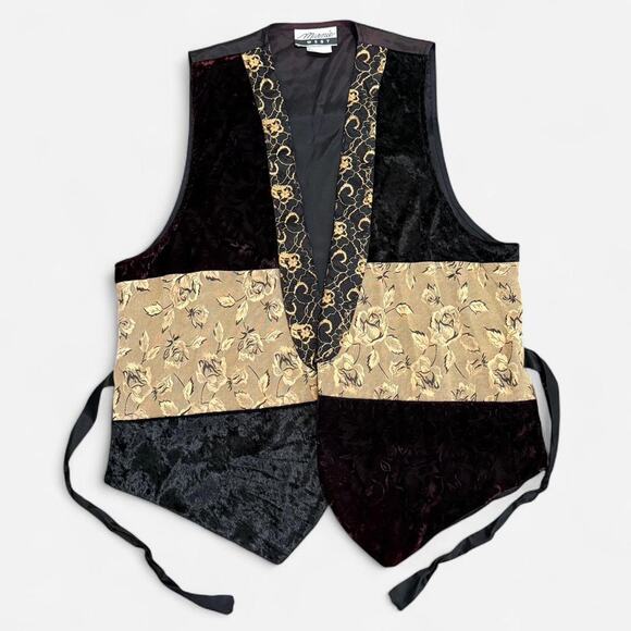 VTG 80s/90s Marmie Westt Gold, Black & Burgundy Velvet Lace Whimsy Vest Top L - Picture 5 of 7